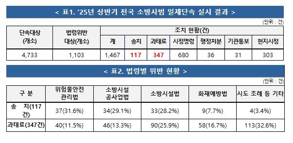 전국 소방사범 일제단속 실시 결과 및 법령별 위반 현황
